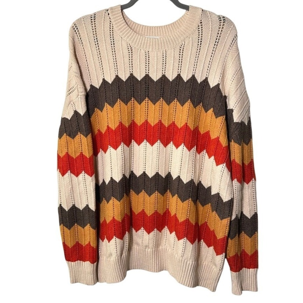Ces Femme Chevron Zig Zag Pointelle Knit Sweater Tan Orange Brown Boho Oversized